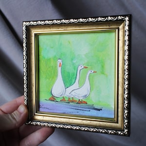Goose Anser Geese Oil Painting Original Painting Framed 4x4 White Geese ...