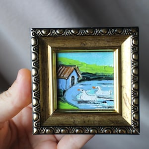 Cisnes en el lago gansos blancos Pintura al óleo original 2x2 pintura enmarcada pintura en miniatura ilustración original enmarcada decoración del hogar arte de pared