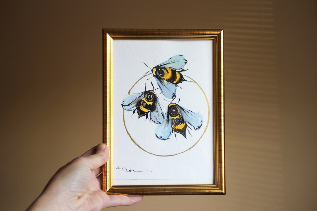 Bumble Bee Painting Watercolor With Gold Leaf Original Framed Geometry ...