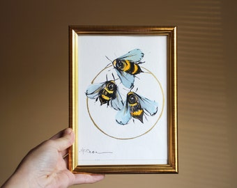 Bumble bee peinture aquarelle avec feuille d'or originale encadrée géométrie cercle illustration abeille peinture décoration murale art cadeau