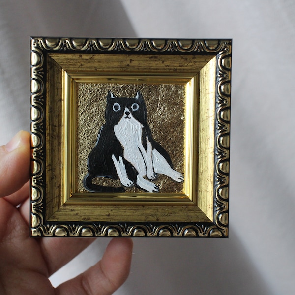 Black cat portrait with gold leaf oil Painting with gold leaf 2x2 original painting framed Black cat painting original framed