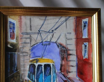 Framed Tram Watercolor Painting, Original Cityscape Wall Art