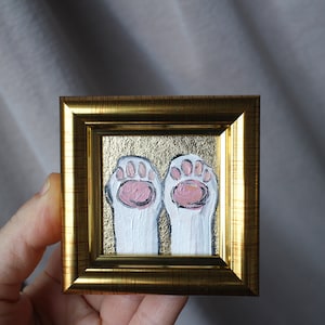 Pintura al óleo de pata de gato blanco con pan de oro, pintura original de 2x2 enmarcada, pintura de gato negro original enmarcada