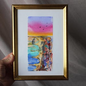 La Barceloneta Barcelona Beach watercolor Painting original framed promenade and the beach of La Barceloneta Barcelona Painting España Wall