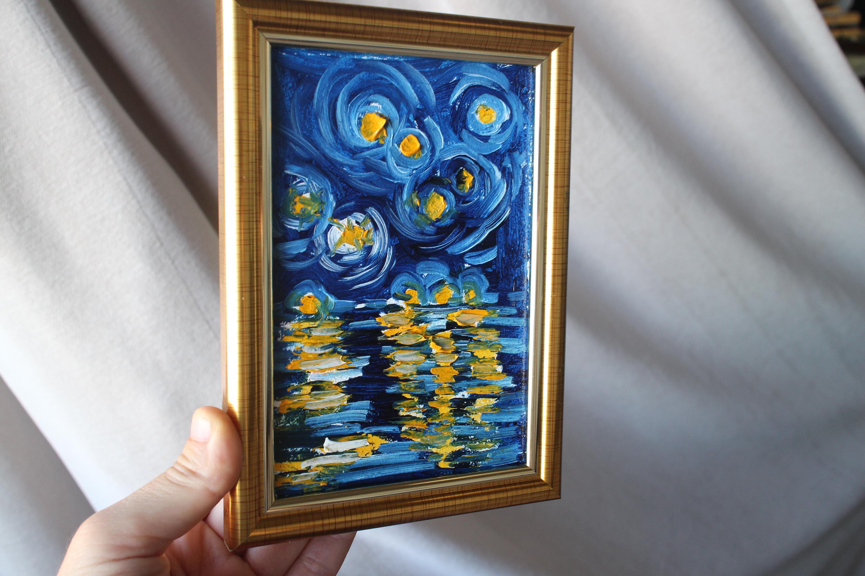 額入りゴッホ「星月夜」油絵（オリジナル額入り、4 x 6インチ） - Etsy