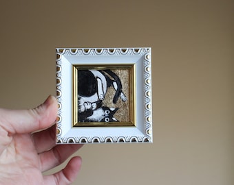 Black cat portrait with gold leaf oil Painting with gold leaf 2x2 original painting framed Black cat painting original framed