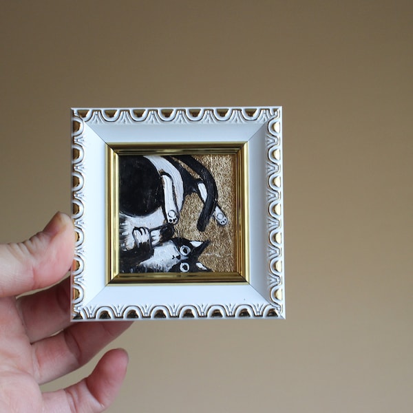 Retrato de gato negro con pan de oro Pintura al óleo 2x2 Pintura original enmarcada