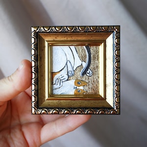 Retrato de gato blanco con pan de oro Pintura al óleo con pan de oro 2x2 pintura original enmarcada pintura de gato original enmarcada