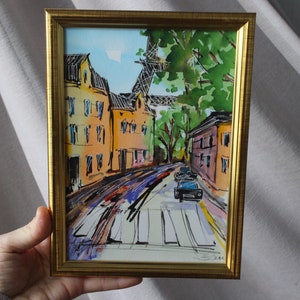 Paris street Eiffel Tower painting watercolor original framed Eiffel Tower painting Small Painting Wall Art Decor Painting