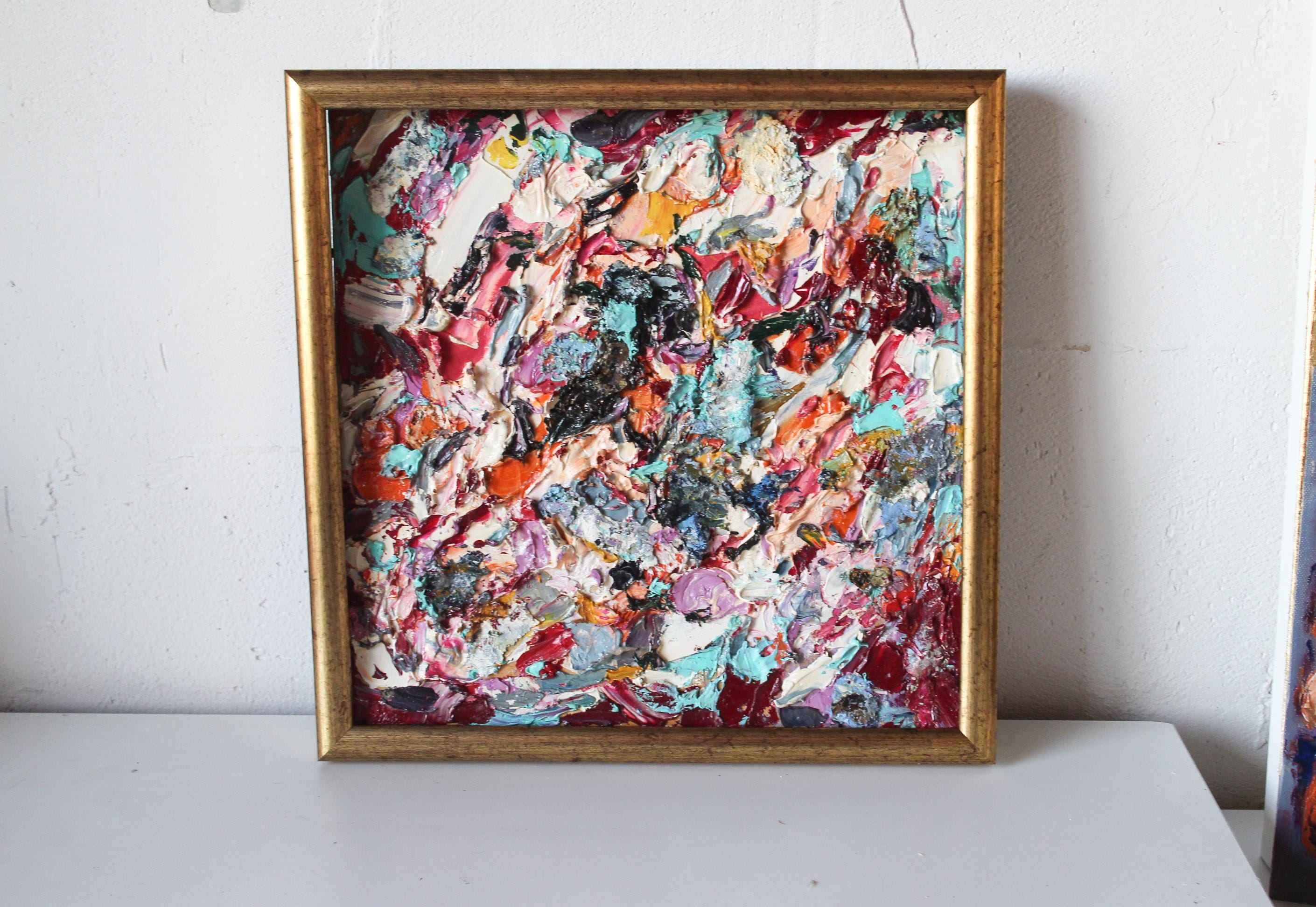 テクスチャード抽象油絵、赤ピンクマルチカラー、12x12ミニマルアート