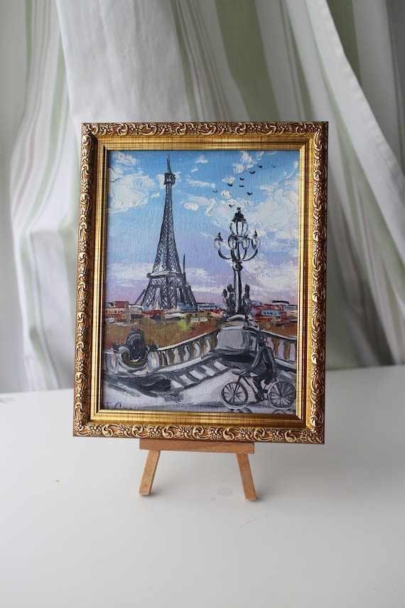 額入りパリ・エッフェル塔油絵：都市風景自転車アート（6 x 8インチ