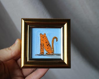 Leopard Oil Painting, Original Framed Illustration (2x2 in)