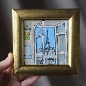 Mini pintura al óleo de París, boceto de pintura original de la Torre Eiffel enmarcada de 4 x 4, pintura al óleo pequeña, pintura de París, arte de pared