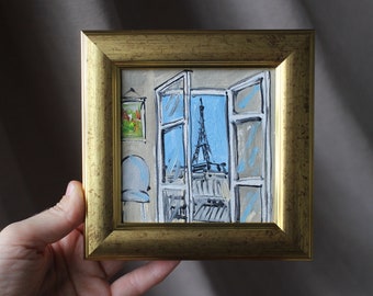 Paris Mini oil Painting 4x4 framed original Eiffel Tower painting sketch Small Oil Painting Paris Painting Wall Art