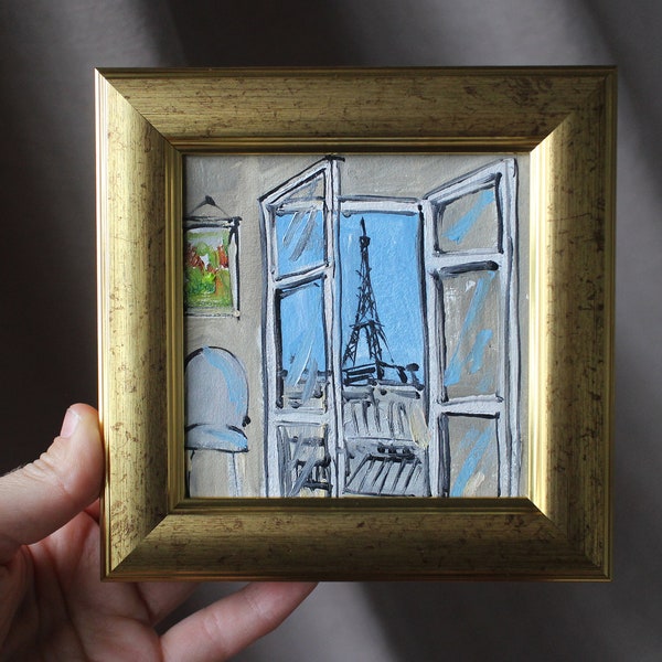 Paris Mini oil Painting 4x4 framed original Eiffel Tower painting sketch Small Oil Painting Paris Painting Wall Art