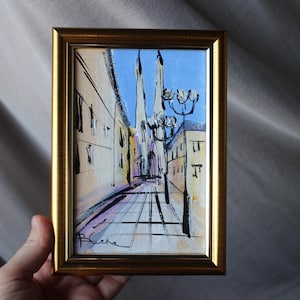Iglesia Votiva de Viena, Austria, paisaje urbano, calle, arquitectura, pintura al óleo original, boceto al óleo enmarcado.
