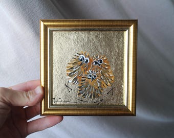Retrato de familia de búhos, óleo sobre lienzo enmarcado con pan de oro (4x4)