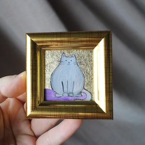 Retrato de gato gris con pan de oro Pintura al óleo con pan de oro 2x2 pintura original enmarcada pintura de gato original enmarcada