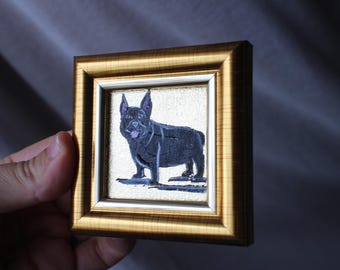 額装済みフレンチブルドッグ油絵：オリジナル犬の肖像画（2×2インチ