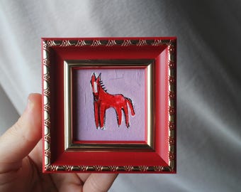 Red Fire horse miniature original oil painting framed 2x2