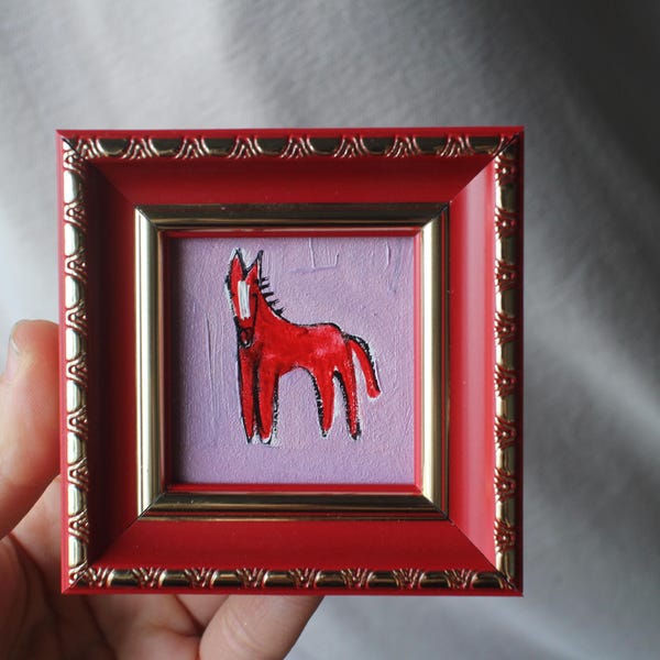 Red Fire paard miniatuur origineel olieverfschilderij ingelijst 2 x 2