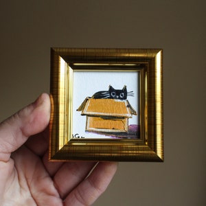 Black cat in a box oil Painting 2x2 original painting framed Black cat painting original framed