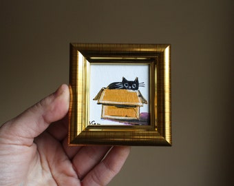 Black cat in a box oil Painting 2x2 original painting framed Black cat painting original framed