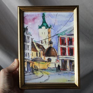 Ukraine Lemberg Lemberg Aquarell originale Malerei Lemberg Skizze Stadtbild Aquarellmalerei gerahmt