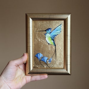 Kolibri Ölgemälde mit Blattgold Original gerahmte Wunderbare Spatuletail Blattgold Kunst Textur Wandkunst Ölgemälde