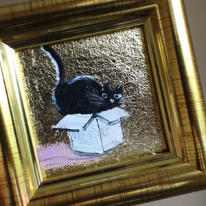 Black cat in a box oil Painting with gold leaf 2x2 original painting framed Black cat painting original framed