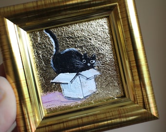 Framed Black Cat in a box Oil Painting with Gold Leaf (2x2 in) illustration home decor wall art
