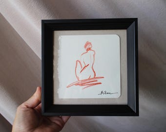 Framed Woman nude Portrait Painting: Original charcoal sketch Art