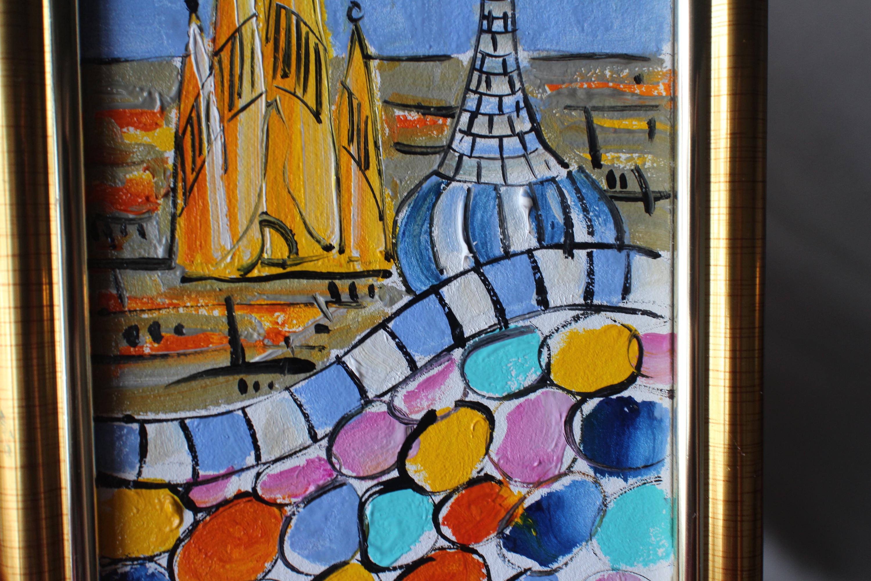 額入りバルセロナ油絵: グエル公園、サグラダ・ファミリア (4 x 6