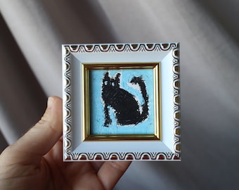 Mini painting black cat oil pastel painting framed 2x2 in Original flower Handmade Still life painting Bouquet painting