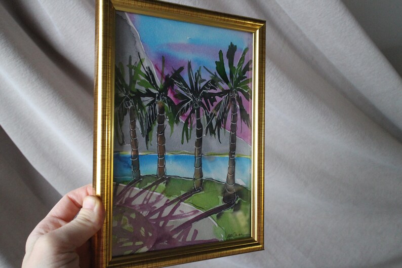 Hawaii Painting Beaches watercolor painting original framed Seascape Tropical Palm Tree sunshine filled weekend image 4