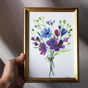 Blue flowers floral sketch painting watercolor original framed floral art abstract floral painting illustration flowers home decor  gift