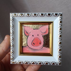 Retrato de cerdo, pintura al óleo, original, enmarcada, hoja de oro, 2x2, pintura de cerdo, ilustración original enmarcada, decoración del hogar, arte de pared