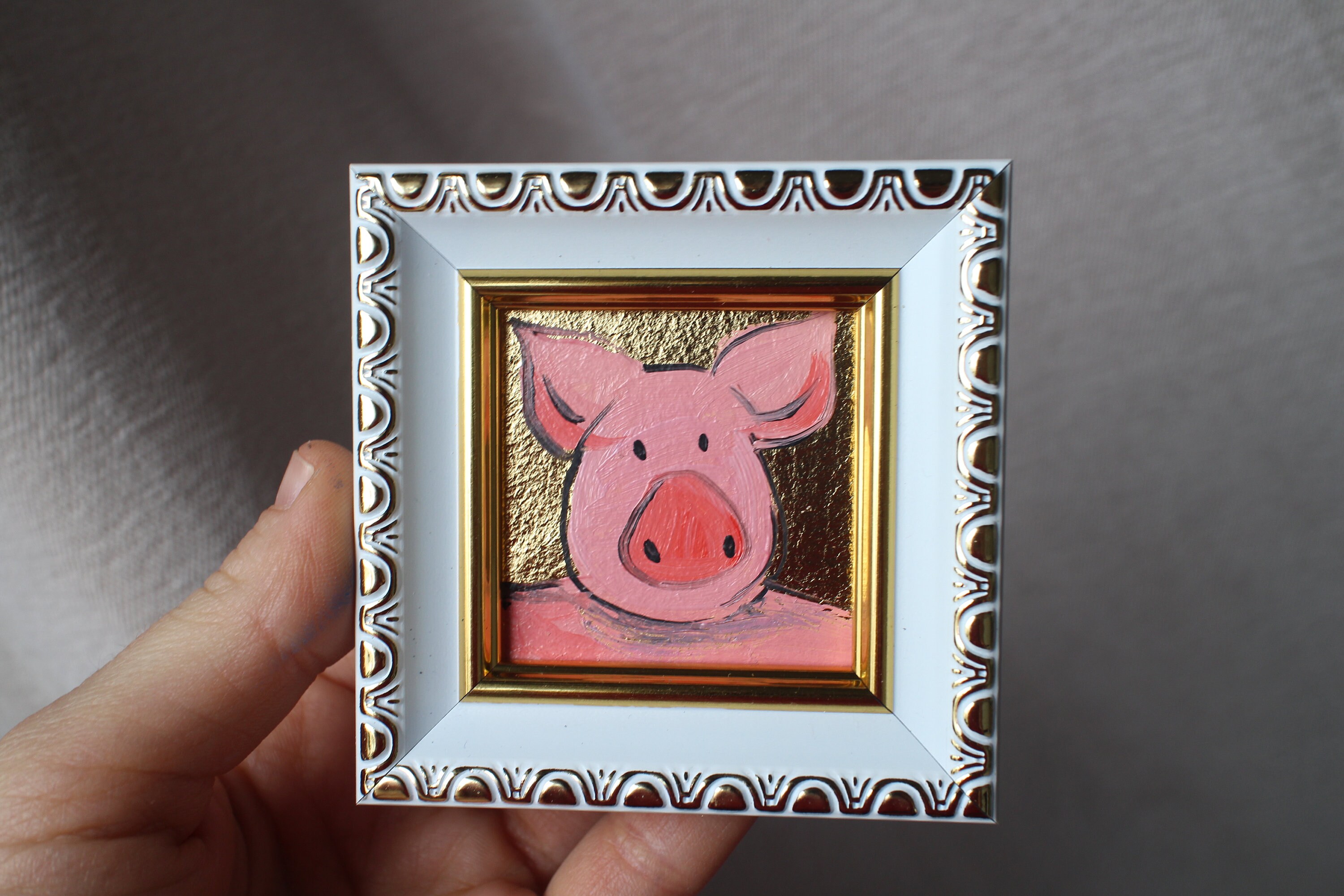 Pig portrait oil Painting original framed gold leaf 2x2 pig painting original framed illustration home decor wall art