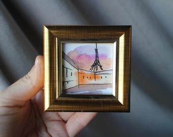 Paris cafe painting watercolor original framed 2x2 Eiffel Tower rooftops Wall Art Decor