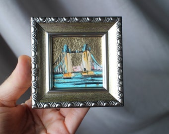 London Tower Bridge oil painting framed original with gold leaf Original Handmade Small Oil Painting