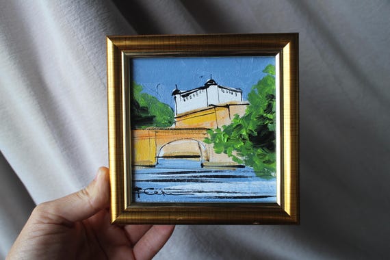 Toledo Spain Oil Painting: Framed Cityscape Architecture, Modern Art (4x4)