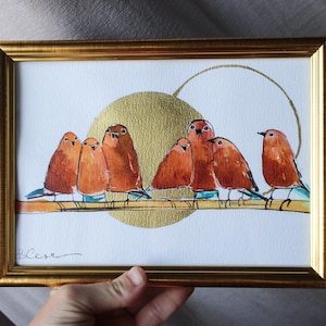 Peinture de moineau, peinture d&#39;oiseau avec feuille d&#39;or, cercle géométrique aquarelle, illustration originale encadrée, décoration d&#39;oiseau, art mural