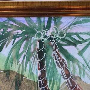 May include: A watercolor painting of two palm trees with green leaves and brown trunks against a light purple and green background.