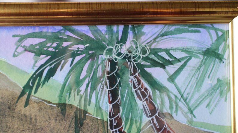 May include: A watercolor painting of two palm trees with green leaves and brown trunks against a light purple and green background.