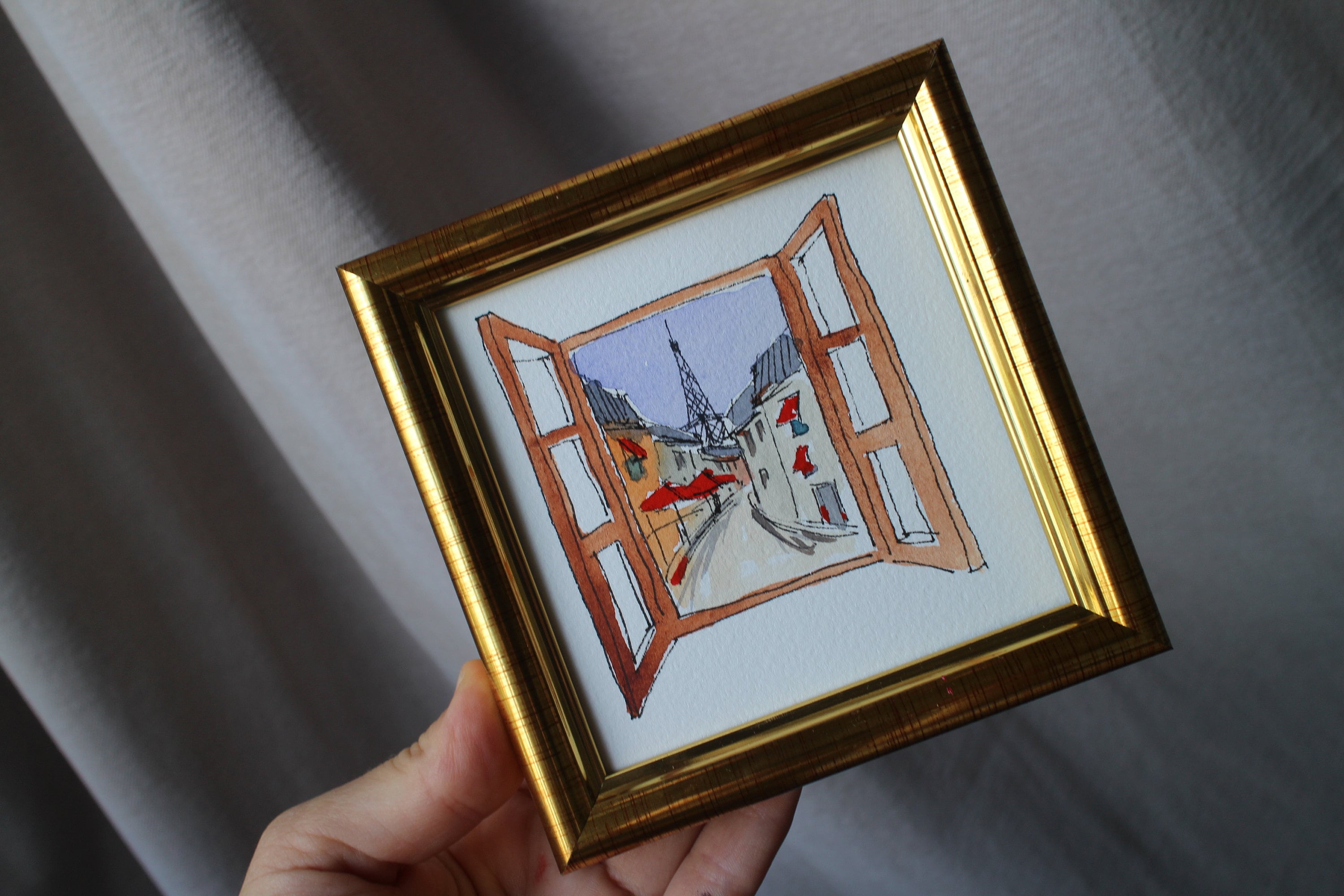エッフェル塔の水彩画、額入りパリ屋上アート（4 x 4インチ） - Etsy 日本