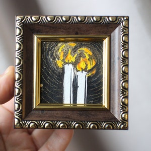 Framed Oil Painting: Two Candles Still Life with Gold Leaf (2x2 inches)