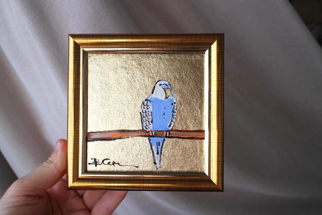 額入りセキセイインコ油絵：オリジナルインコ鳥アート（4 x 4インチ