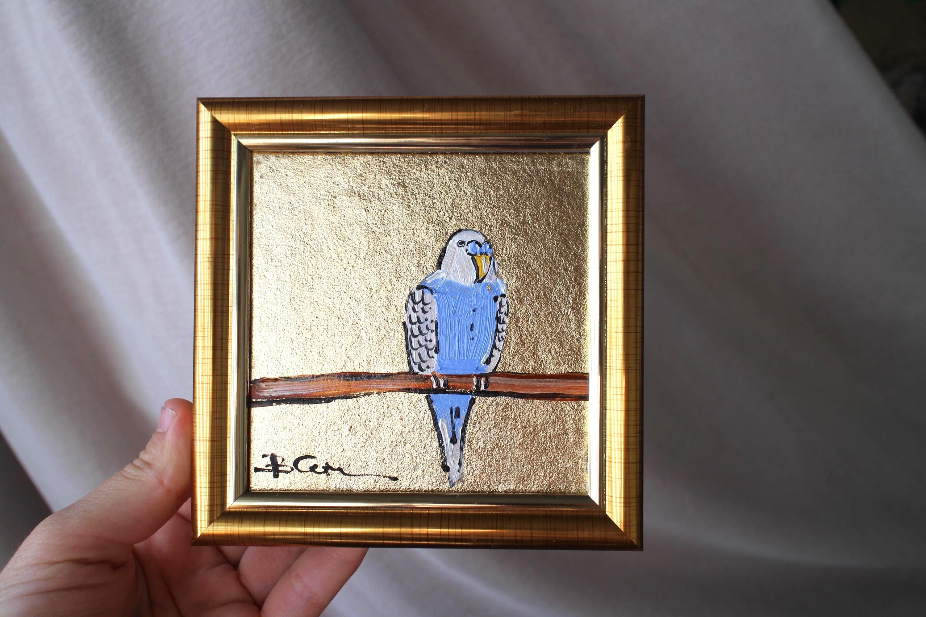 額入りセキセイインコ油絵：オリジナルインコ鳥アート（4 x 4インチ
