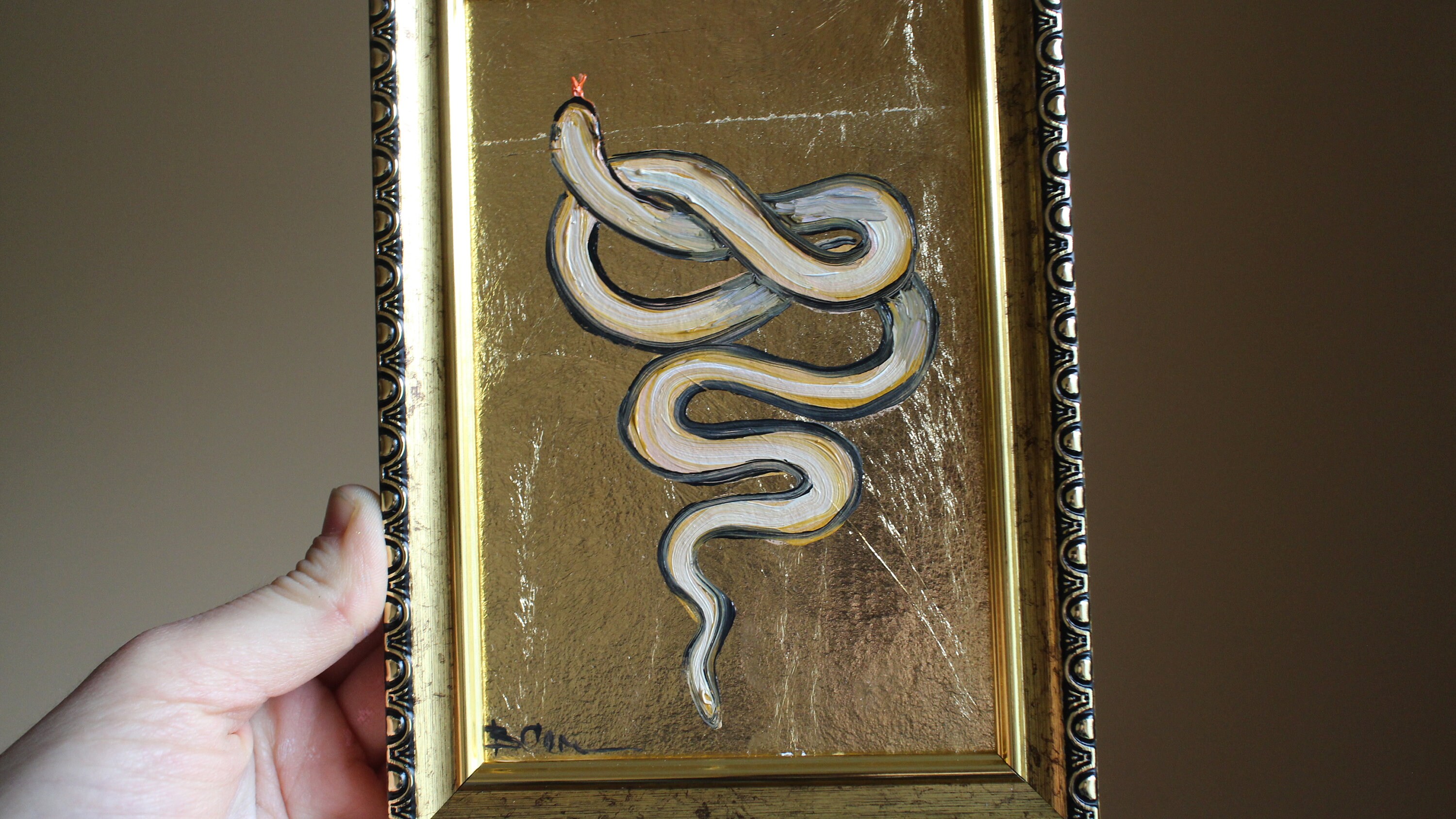 Snake Oil Painting With Gold Leaf Original Framed 4x6 Snake Etsy