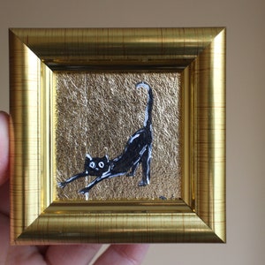 Black cat portrait with gold leaf oil Painting with gold leaf 2x2 original painting framed Black cat painting original framed